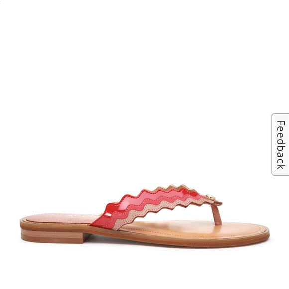 NIB Isaak Mizrahi Gina leather red pink scalloped trim sandal 6.5 flip flops - Picture 2 of 11